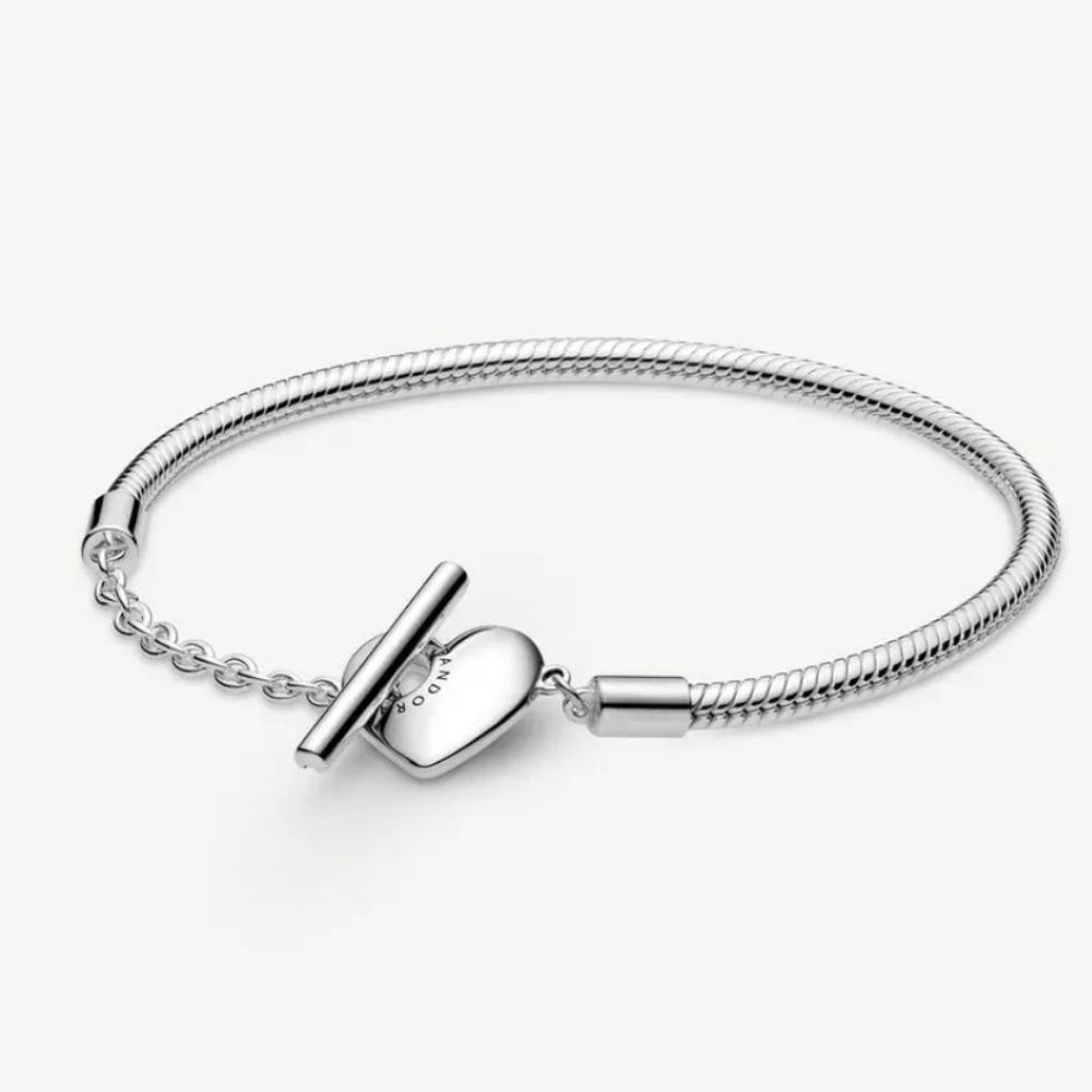 PANDORA ICONS MOMENTS ENGRAVABLE HEART T-BAR SNAKE CHAIN ​​BRACELET 599285C00-17